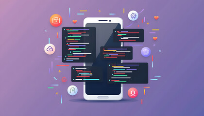 Mobile app development concept with code windows and design elements, set against a purple backdrop.