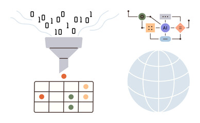Wall Mural - Binary code flows through a funnel into a data grid, accompanied by an AI decision flowchart and a globe icon. Ideal for AI, data flow, tech innovation, global connection, machine learning