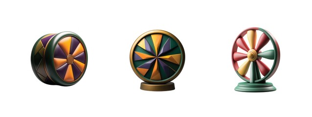 Colorful circular objects with geometric patterns in various color combinations
