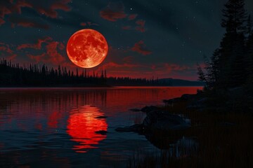 Wall Mural - Big red moon rising above a lake reflecting on water surface with red and orange colorful clouds and starry night