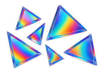 Wall Mural - iridescent acrylic triangular shapes with rainbow gradient on a blue background.