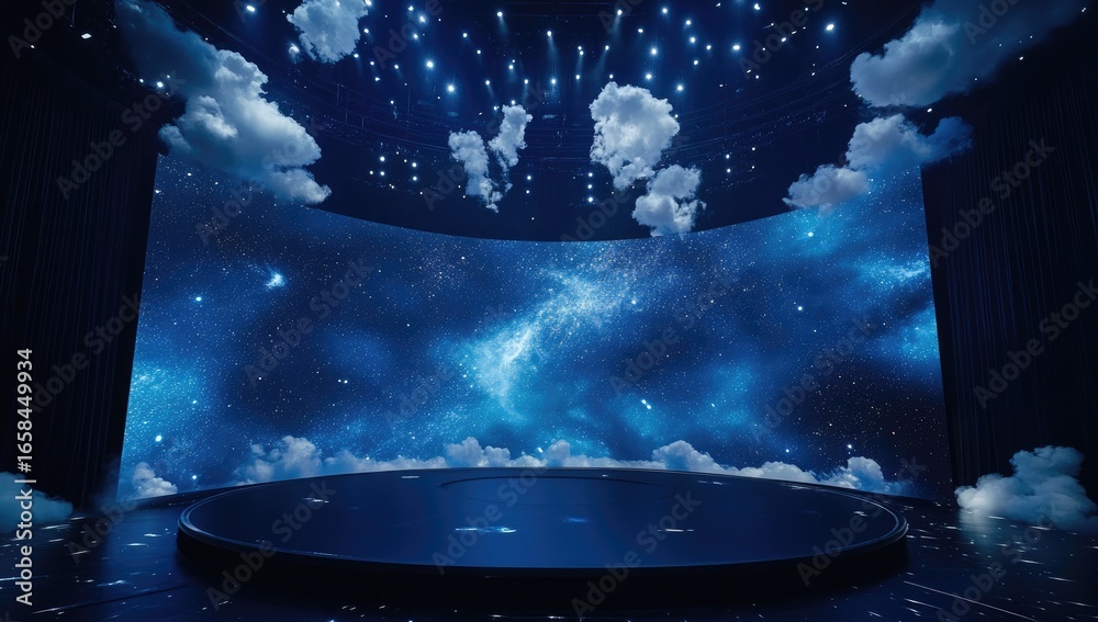 Oscar-winning stage design, a cosmic starry sky background, a blue and ...