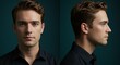 © Cleverson - A well-groomed man with striking blue eyes poses against a dark teal background, showcasing both a front and side profile.