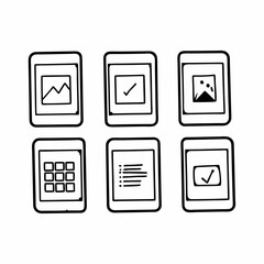 Hand drawn mobile application interface icons isolated on white background in vector format
