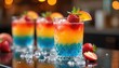 © miss irine - Vibrant layered cocktails with colorful fruit garnishes, ice create festive atmosphere. Perfect for celebrations, parties, relaxing summer days. Enjoy refreshing tropical drink, true artistry in