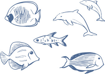 Wall Mural - Hand drawn tropical fish set. Underwater world doodles. Marine drawings. Ink elements. Vector illustration isolated on white background.