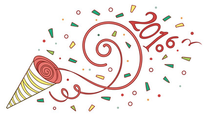 Festive party popper exploding with colorful confetti and streamers forming the year 2016 celebration