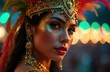 © miss irine - Brazilian woman in colorful costume, feathered headdress at carnival. Festive makeup with glitter adorns face, with ornate gold earrings, necklace. Celebratory atmosphere with blurred bokeh lights in
