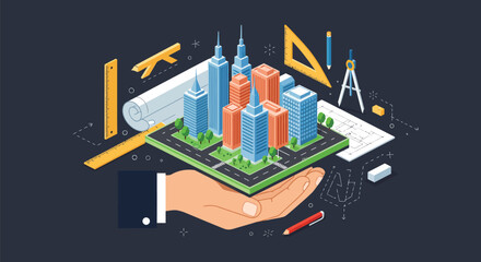 Isometric illustration of a hand holding a city model with architectural tools around it on a dark background