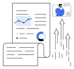 Wall Mural - Analytical report with charts and graphs, online video call participant, upward arrows symbolizing growth. Ideal for business, teamwork, analytics, data reporting, online communication, corporate