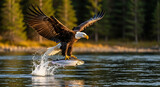 A bald eagle soars above a lake, talons gripping a freshly caught salmon, water splashing around the fish.