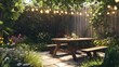 © Muhammad - A cozy backyard scene with a picnic table, string lights, and lush greenery in the summer time