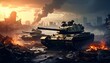 © rizqiono - Abandoned battlefield at twilight, where destroyed tanks stand amidst the crumbling city skyline, a haunting scene of desolation and post-conflict devastation.
