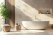 © tynza - Scandinavian-style bathroom with light travertine surfaces, white ceramic bathtub, and natural wood accessories.