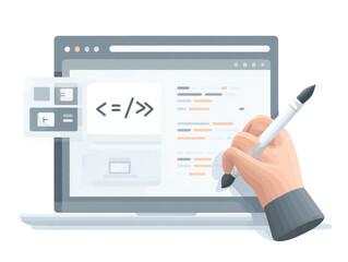 Laptop displaying code with hand holding stylus
