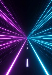 Wall Mural - Abstract neon tunnel with purple and blue glowing lines.