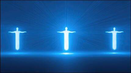 Wall Mural - Spiritual Beings Radiating Light in a Tranquil Blue Atmosphere at Dusk