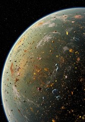 Wall Mural - A distant planet with a heavily cratered and debris-strewn surface, featuring scattered glowing lights suggesting urban or industrial activity, set against the dark expanse of space.