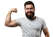 © MAN PNG  - Muscular man flexing bicep showing strength isolated on transparent background