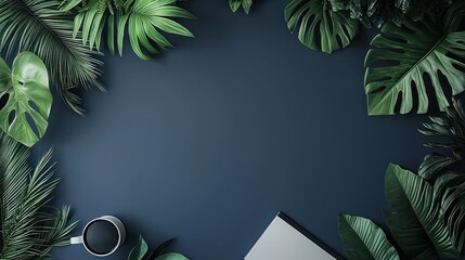 Tropical leaves frame desk workspace; laptop, coffee; dark background; blog, website header