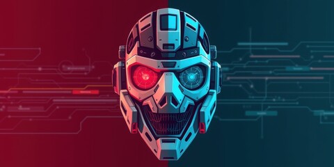 Futuristic robotic skull with glowing red eye and blue light on dark background