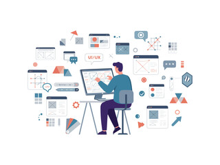 Flat vector illustration man designing website layout with digital interface