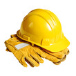 © Zain - Yellow hard hat and work gloves isolated on transparent background, representing construction safety and personal protective equipment for workers in industrial environments