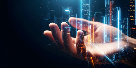 Human hand reaching towards glowing digital data streams and futuristic cityscape