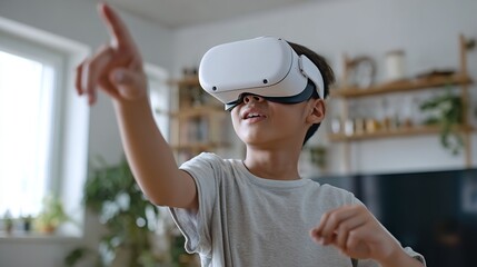 A young boy immersed in a virtual reality adventure exploring new digital worlds using a modern VR