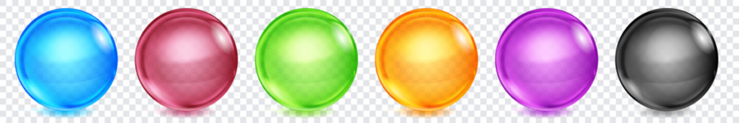 Wall Mural - Set of translucent spheres of different bright colors with highlights and shadows on transparent background, vector illustration for design projects and creating creative works.