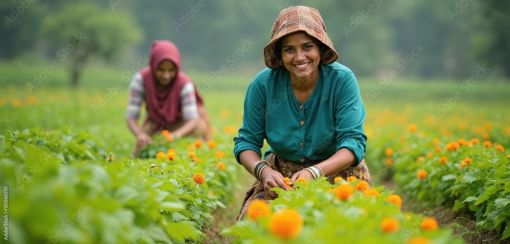 Indian women work in sunny field, harvesting orange marigolds. One ...