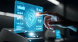 © Mathew - A person's hand interacts with a futuristic holographic touchscreen  manipulating data visualizations and advanced analytics on a glowing blue digital interface in a modern laboratory setting.