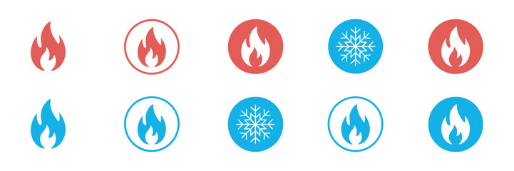 A collection of hot and cold temperature vector icons. Flat graphic design set featuring fire flame and ice snowflake symbols in red and blue.