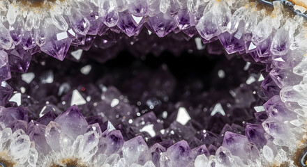  A close-up macro view inside a beautiful amethyst geode  showcasing the sharp  sparkling purple and white crystal formations within the rock