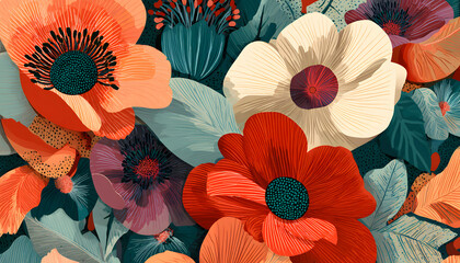 Wall Mural - Abstract floral art seamless pattern illustration in vintage style with vibrant colours and contemporary design
