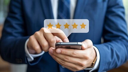 Businessman's hands using smartphone with digital chat bubble showing positive feedback and stars