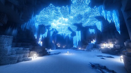 Huge glacial cavern with luminous blue walls, snow-covered ground, and icy domed ceiling 