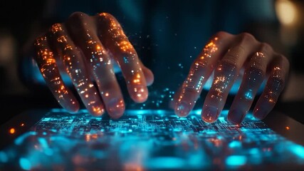 Hands typing glowing digital code.