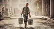 © Gabriel Bayer - Worker carrying buckets of cement on construction site, dusty environment
