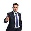 © K-MookPan - Confident Businessman in Suit Showing Thumbs Up Gesture Indoors
