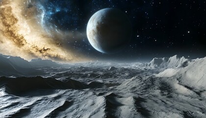 a planet with a large moon is in the background. the planet is surrounded by a large cloud of dust