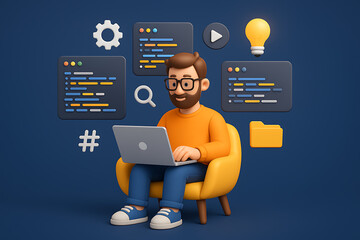 young male coder working on laptop surrounded by software development icons and symbols for technolo