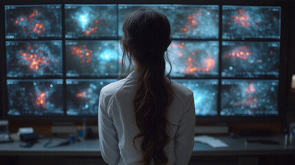 Person from behind watches multiple glowing screens with abstract scientific data patterns in a high technology control center.