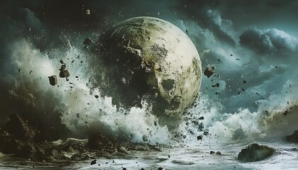 Wall Mural - A large planet is crashing into the ocean. The water is choppy and the planet is surrounded by debris