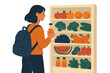 © Velar - A woman is grocery shopping at a supermarket, selecting vegetables and examining tomatoes in the produce section, which offers organic food, while an Asian lady in casual attire with a backpack shops