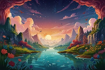 Wall Mural - fantasy landscape with moon and stars