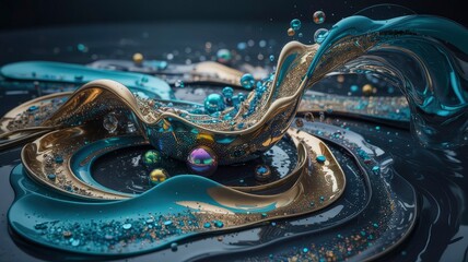 Wall Mural - abstract liquid gold and teal swirl with glittering particles and bubbles