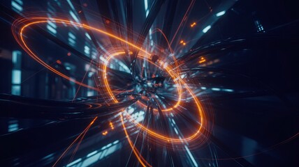 Wall Mural - abstract futuristic tunnel with glowing orange rings and blue lines - digital art background