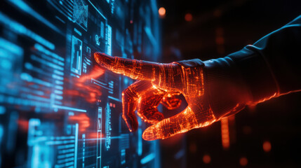 Glowing hand interacting with a blue futuristic interface in a dark technological setting