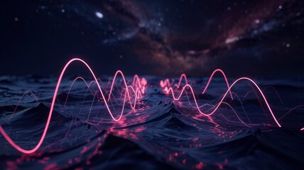 Wall Mural - pink neon waves over dark ocean under starry night sky - abstract digital art